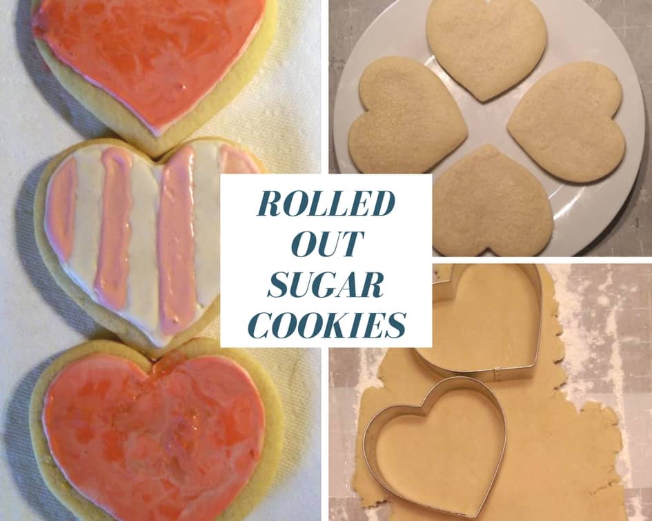 collage of sugar cookies that are being cut with cookie cutters, cookies that have been cooke, and cookies that have been decorated with pink and white royal icing