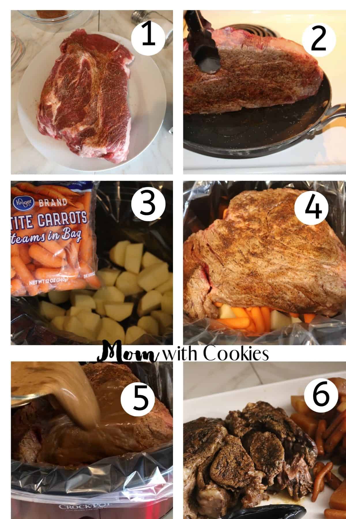 collage of six process photos of how to make slow cooker pot roast