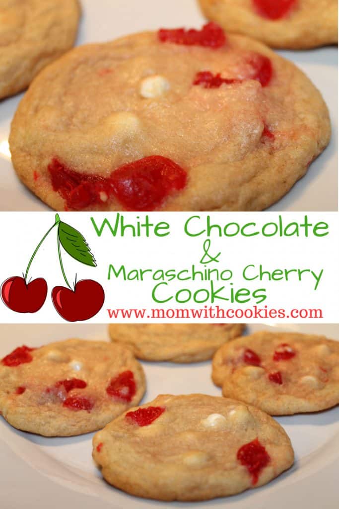 White Chocolate Chip cookies with maraschino cherries - www.momwithcookies.com #cookies #recipe #maraschinocherry #whitechocolatechipcookies #dessert #baking