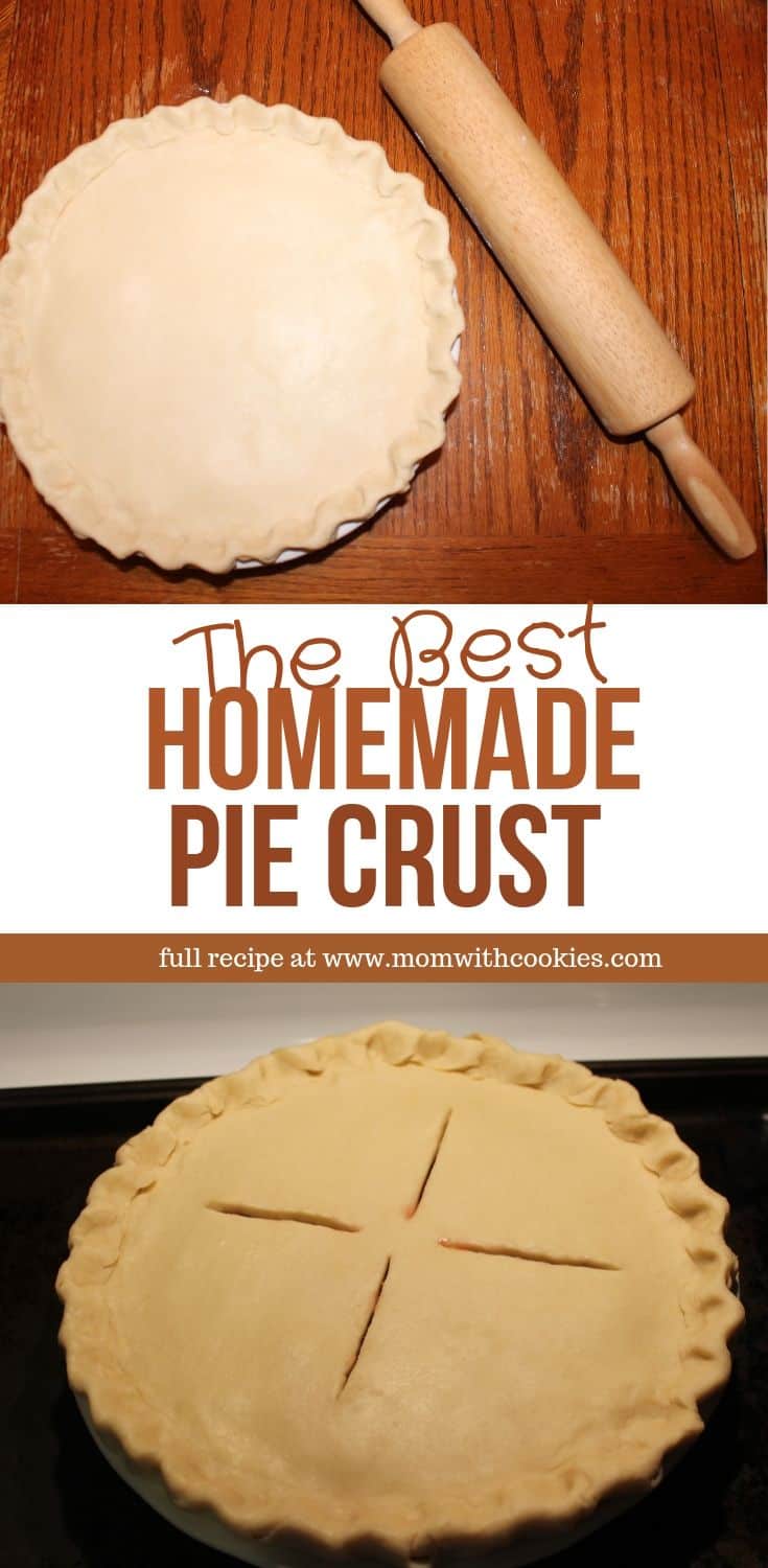 An image designed to be shared on Pinterest showing two different pies with text overlay that says the best homemade pie crust 