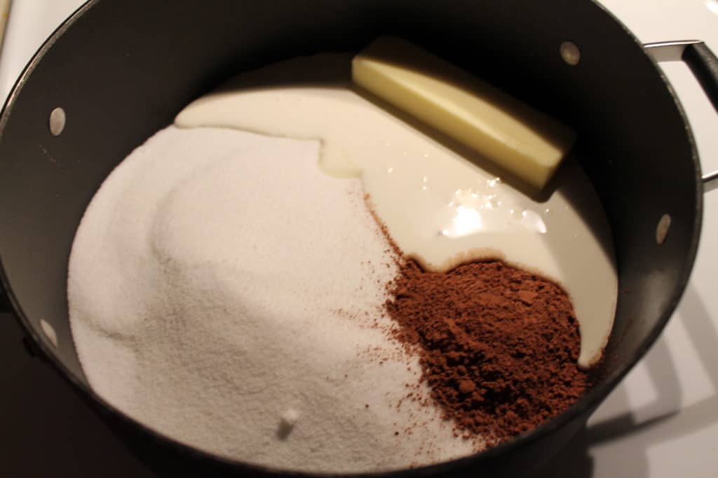 Cocoa, sugar, milk and butter all in a large sauce pan