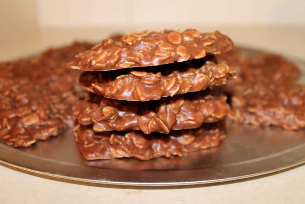 Cooled and stacked no bake cookies on a silver platter