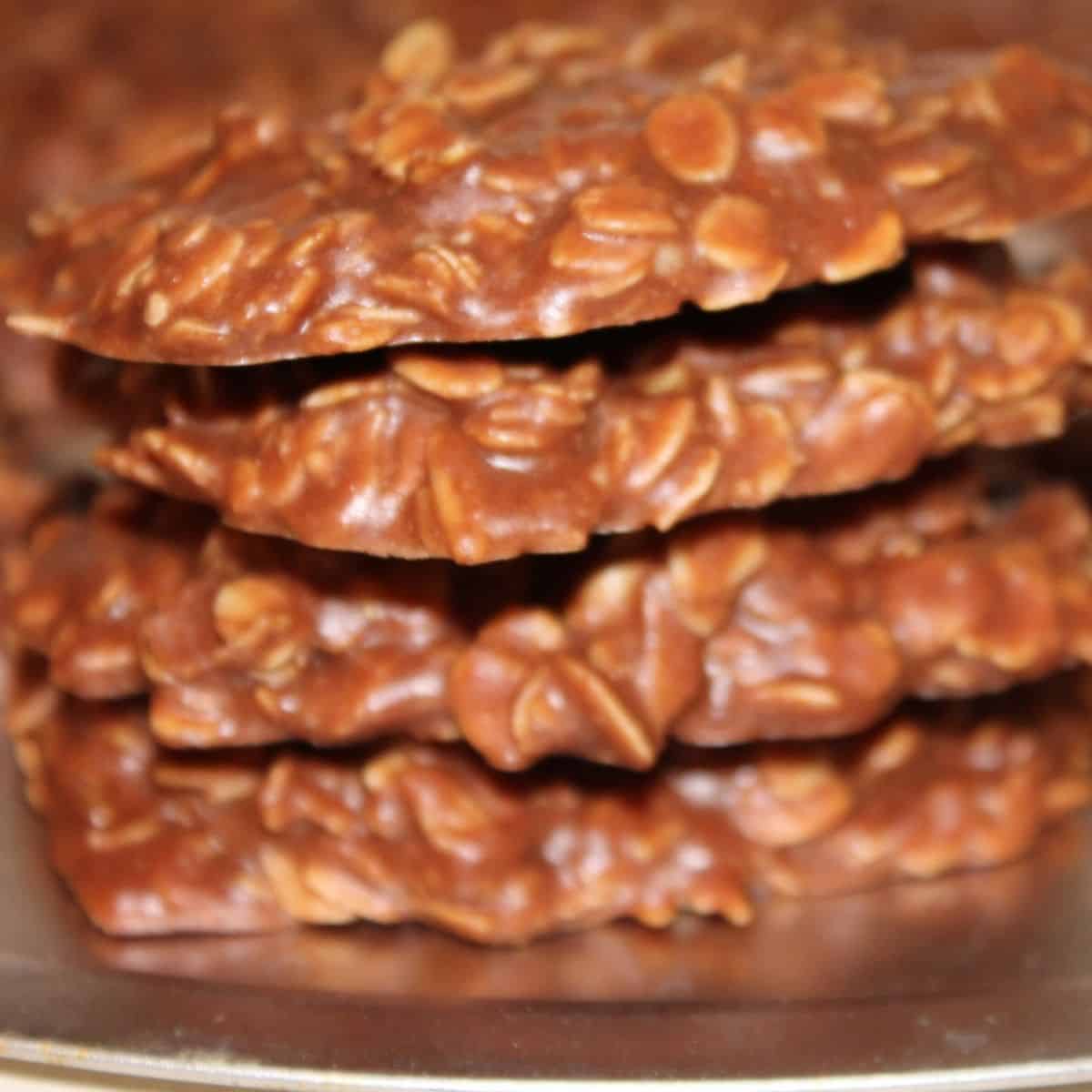 four no bake cookies stacked on top of each other