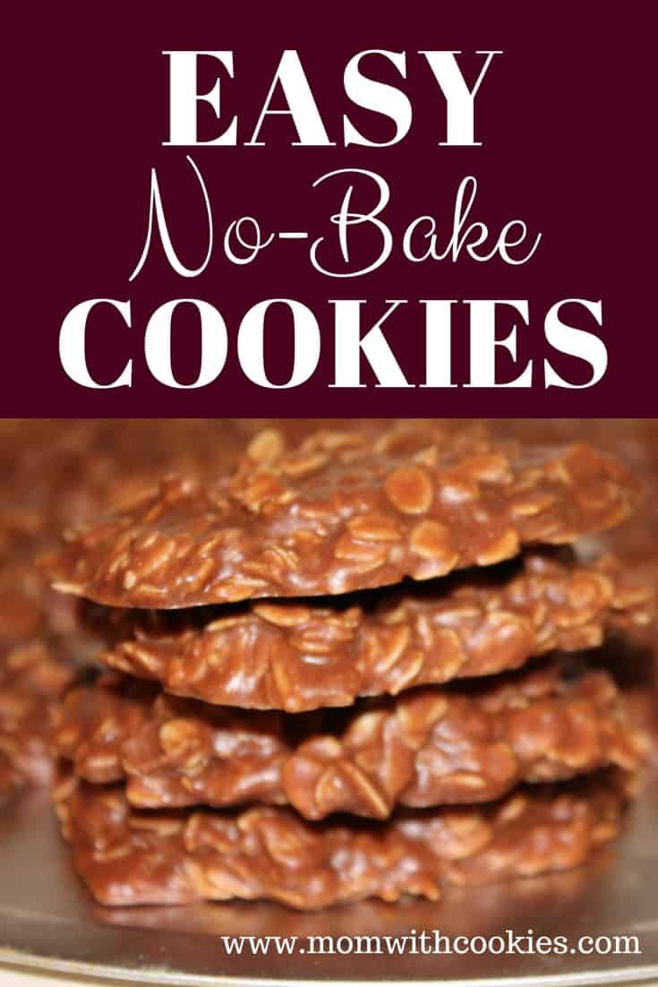 An image designed to be shared on Pinterest depicting 4 chocolate no bake cookies stacked on top of each other with the text overlay that says easy no bake cookies