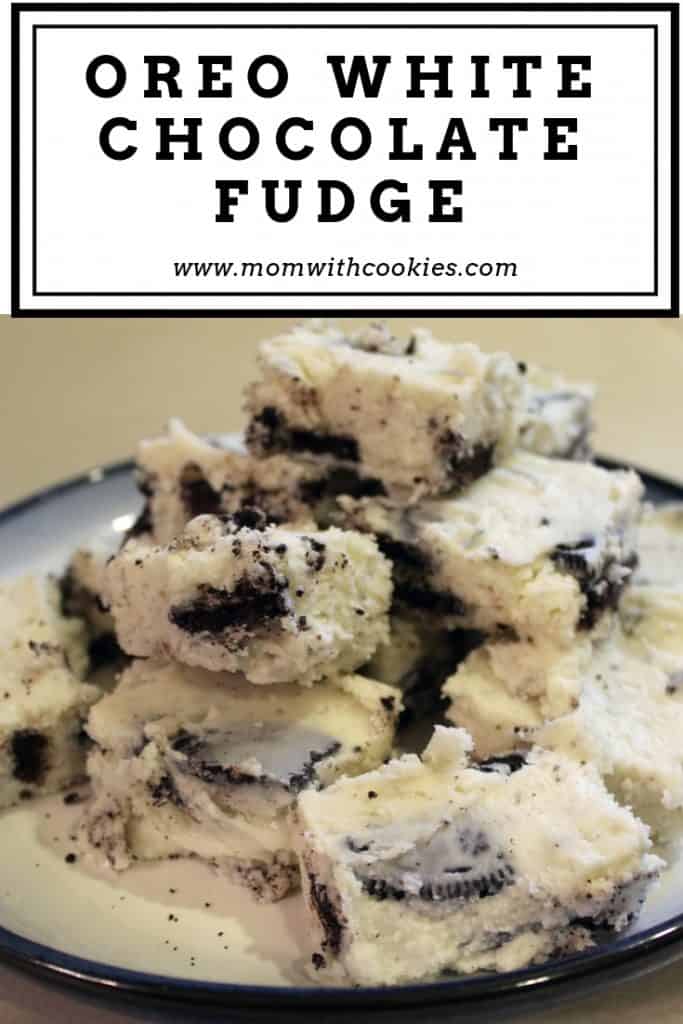 An image designed to be shared to Pinterest that depicts a plate of oreo white chocolate fudge with the text overlay that says oreo white chocolate fudge