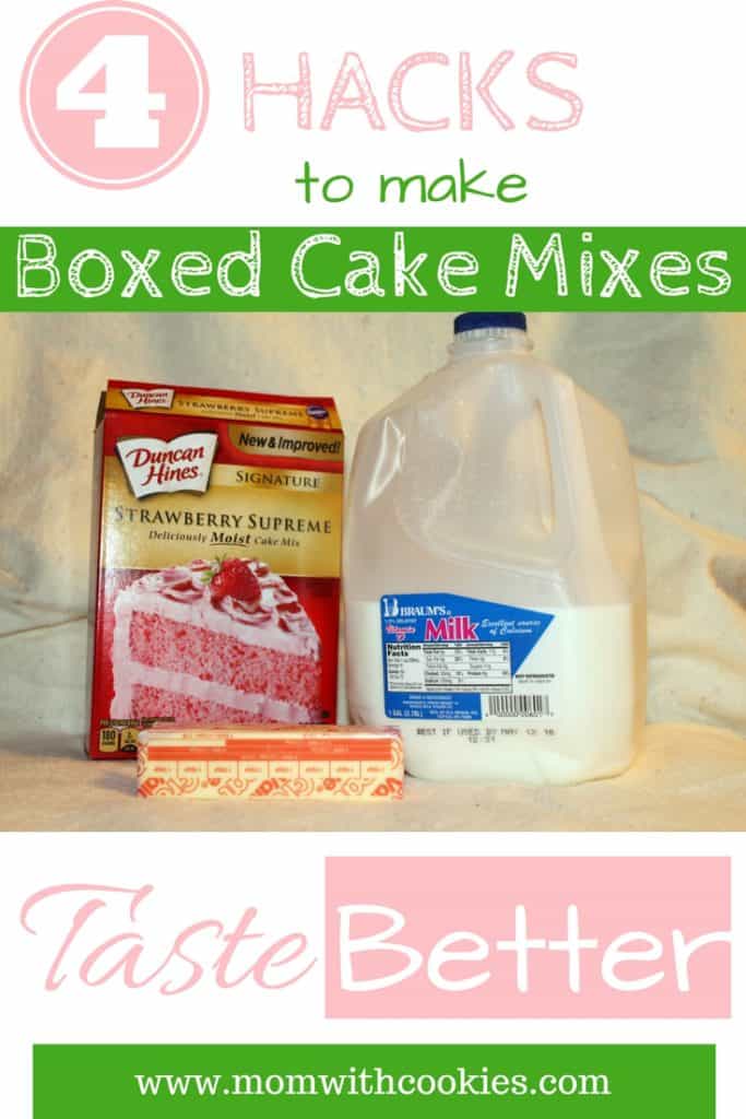 a boxed cake mix next to a jug of milk and a stick of butter with text overlay that reads 4 hacks to make boxed cake mixes taste better