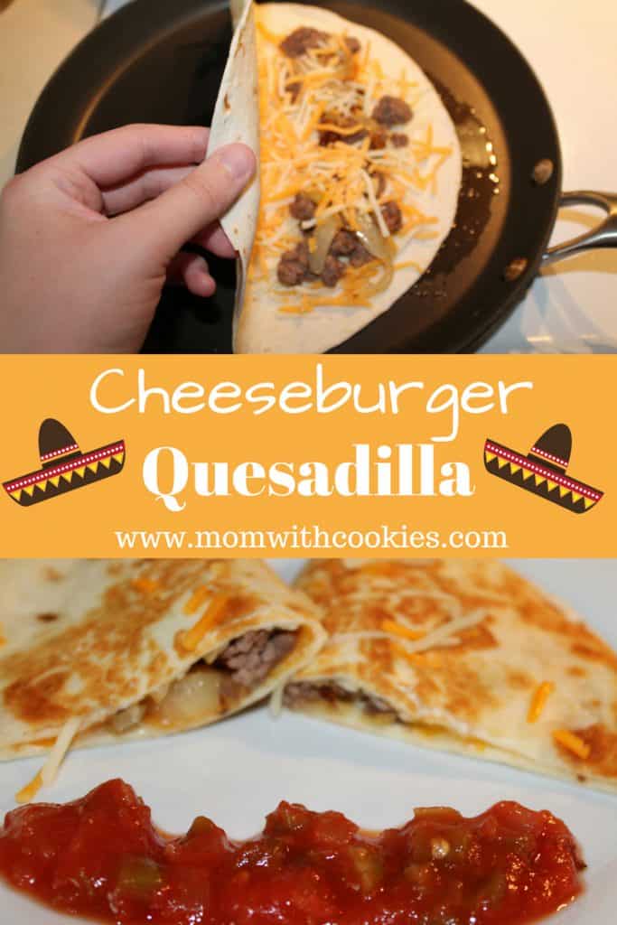 An image designed to be shared to Pinterest depicting cheeseburger quesadilla being cooked on a frying pan