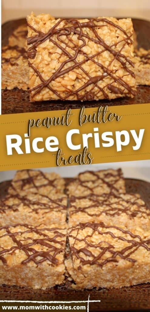 collage of peanut butter rice crispy treats with chocolate drizzled on top and text overlay that reads peanut butter rice crispy treats