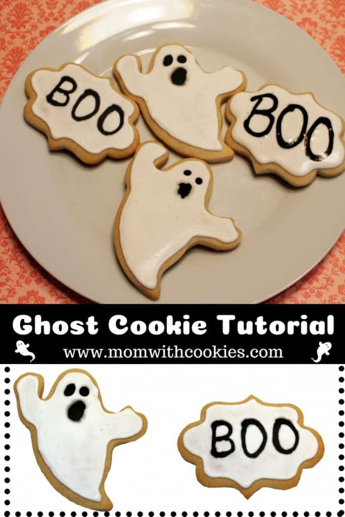 An image designed to be shared on pinterest depicting decorated sugar cookies that look like ghosts and cookies that have the lettering BOO