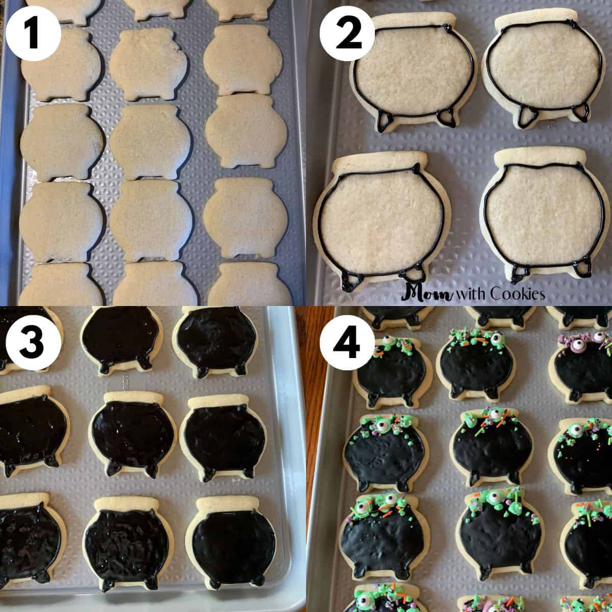 a collage of four images showing the process of decorating cauldron cookies