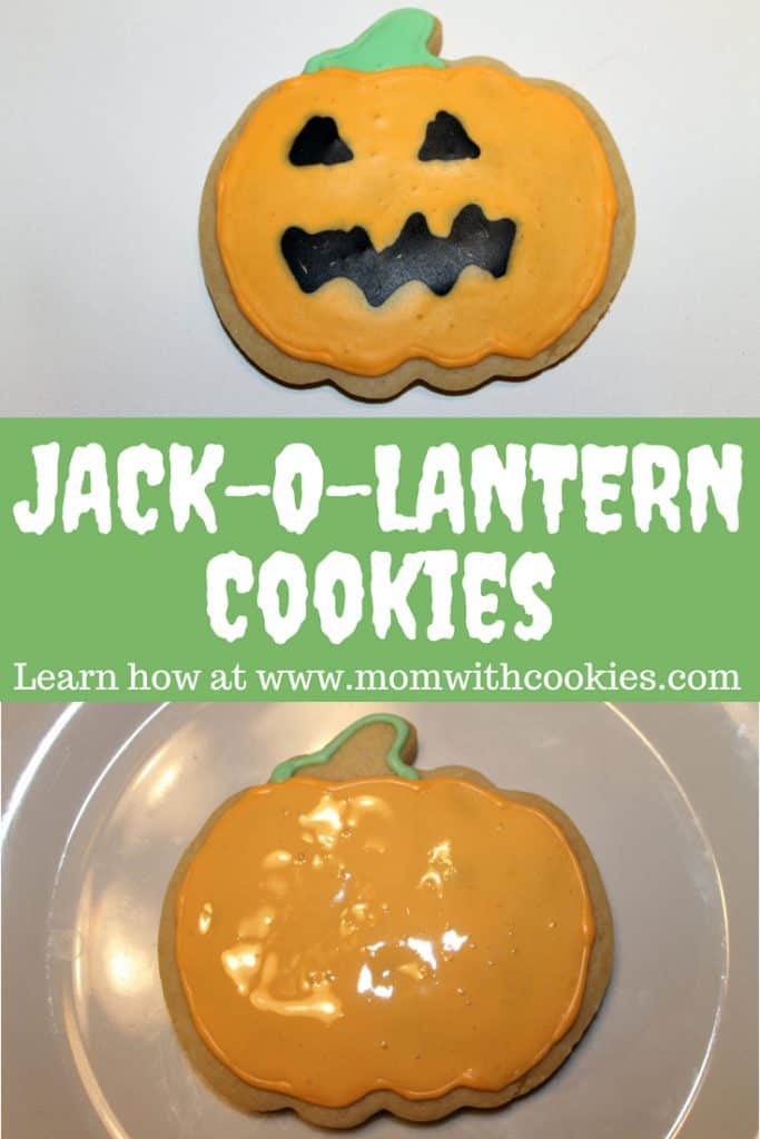 An image designed to be shared on Pinterest showing a sugar cookie decorated like a jack-o-lantern