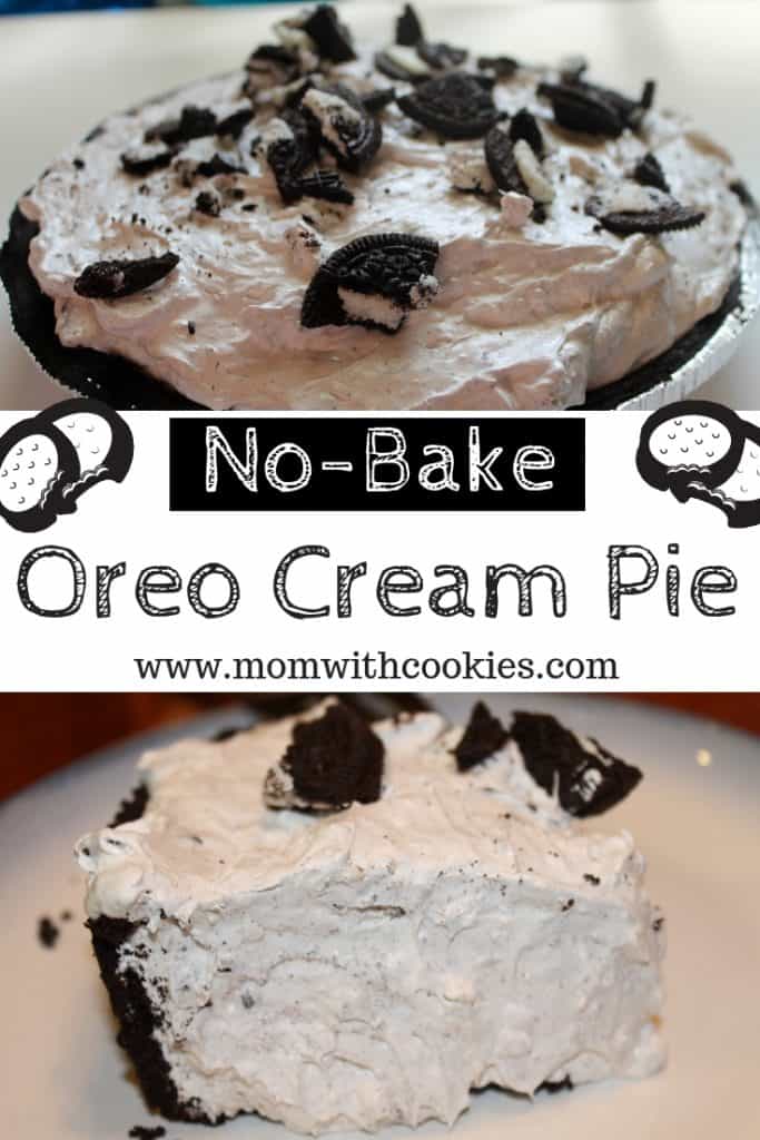 An image designed to be shared on Pinterest depicting a no bake oreo cream pie 