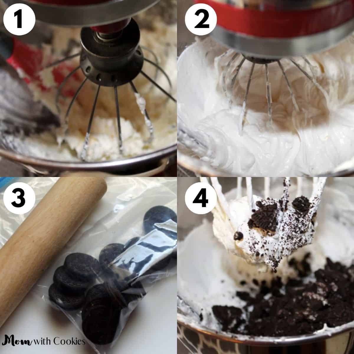collage of four images showing how to make no bake oreo cream pie