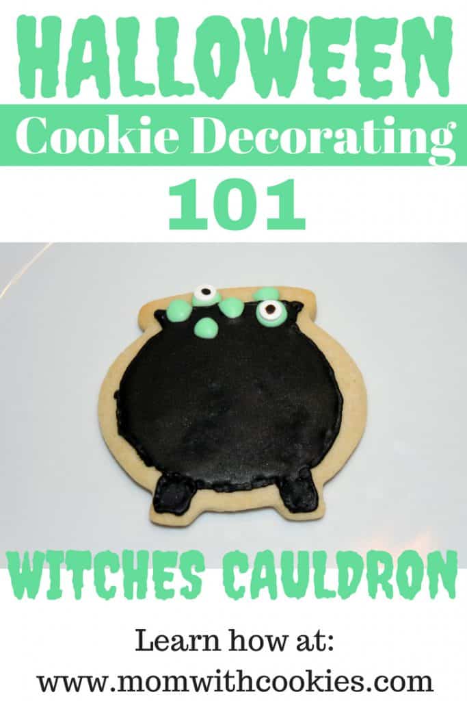 An image design to be shared on Pinterest showing a decorated cookie that looks like a witch's cauldron