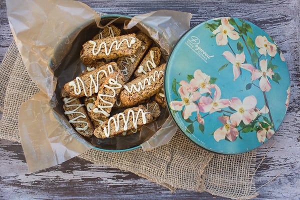 pumpkin pie biscotti in a fun floral container