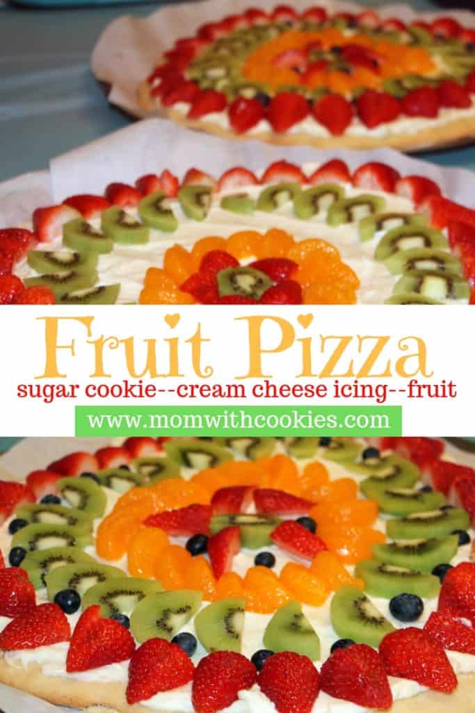 Fruit Pizza Recipe - www.momwithcookies.com #fruitpizza #fruitpizzarecipe #fruitpizzawithcreamcheese #fruitpizzasugarcookie #fruitpizzaeasy #bestfruitpizza #homemadefruitpizza