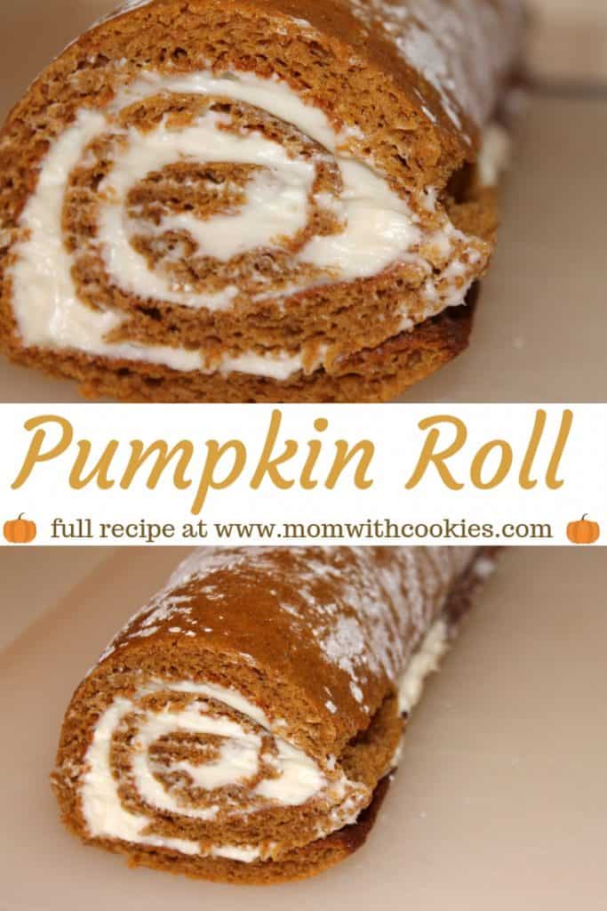 Easy Pumpkin Roll Recipe - www.momwithcookies.com #pumpkinroll #pumpkinrollrecipe #pumpkinrecipe #easypumpkinroll #pumpkinrollwithcreamcheesefilling #bestpumpkinroll #howtomakepumpkinroll