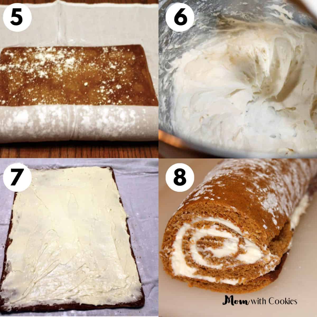 collage showing how to assemble pumpkin roll from pumpkin cake and filling