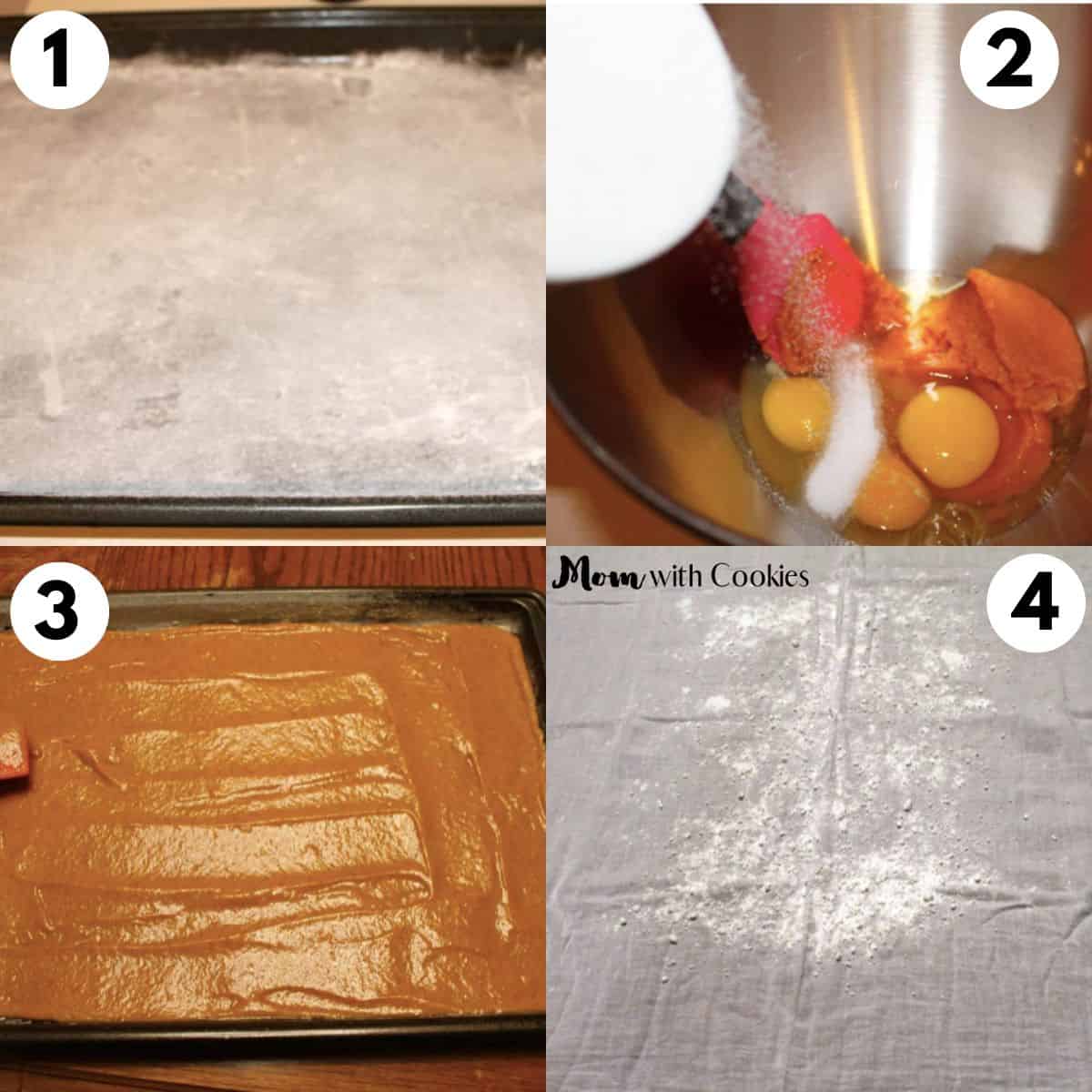 collage showing how to make pumpkin roll 