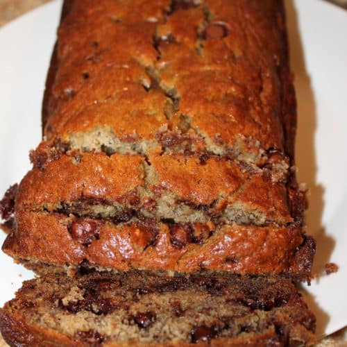 overhead image of sliced loaf of chocolate chip banana bread