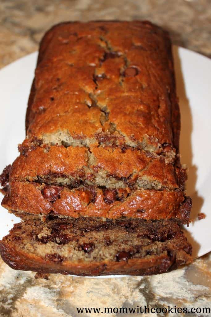 overhead image of sliced loaf of chocolate chip banana bread