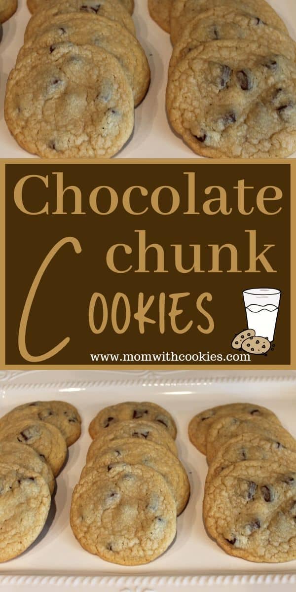 An image designed to be shared on pinterest showing chocolate chunk cookies on a white serving tray