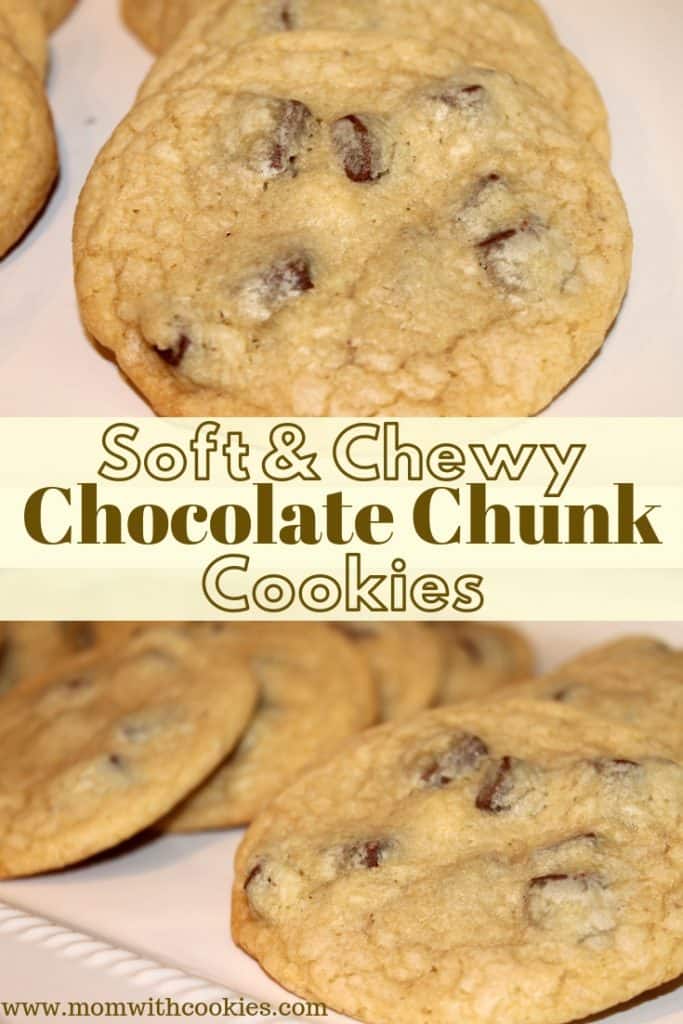 An image designed to be shared on pinterest showing chocolate chunk cookies on a white serving tray