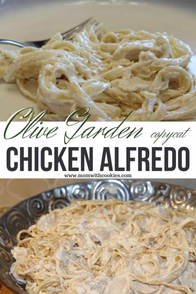 Image designed to be shared on Pinterest showing chicken alfredo in a serving bowl and on a plate