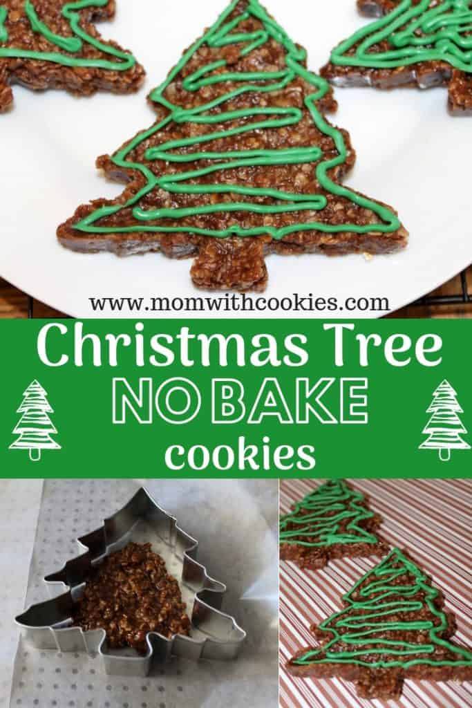 No bake cookies shaped like Christmas trees with green candy melts decorating the top