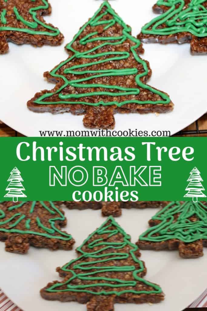 No bake cookies shaped like Christmas trees with green candy melts decorating the top
