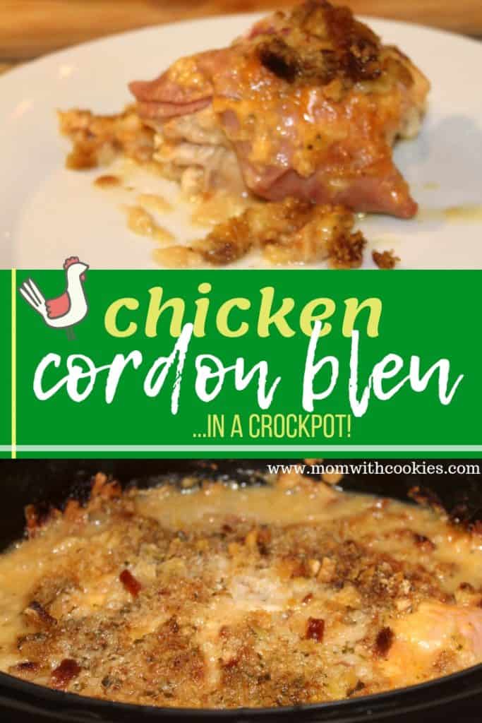 Image designed to be shared on Pinterest showing chicken cordon bleu casserole
