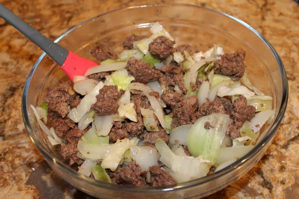 Mix the meat, cabbage and onion together in a large mixing bowl