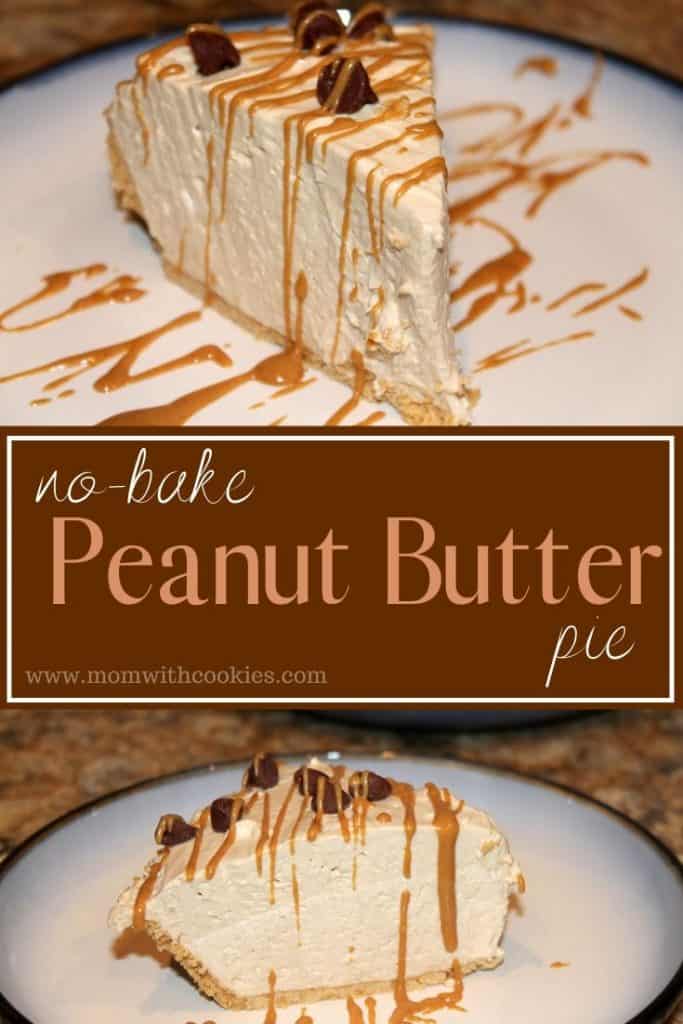 no bake peanut butter pie pictured with melted peanut butter drizzled on top