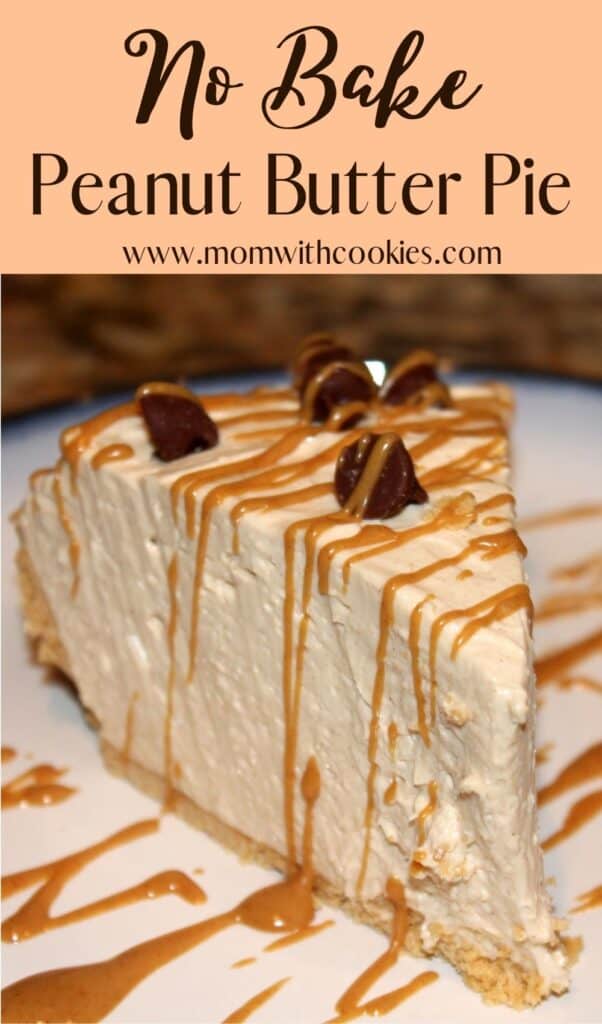 slice of no bake peanut butter pie with melted peanut butter drizzled on top