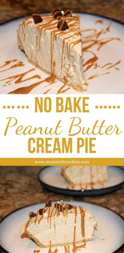 Image designed to be shared on Pinterest showing no bake peanut butter cream pie drizzled with melted peanut butter and topped with chocolate chips