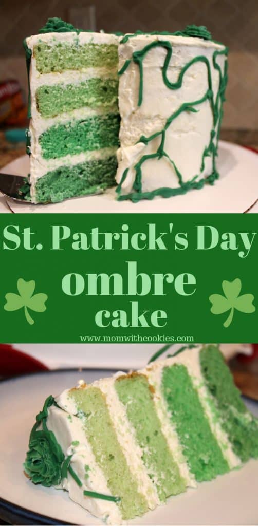 St Patricks Day Ombre Cake - www.momwithcookies.com #stpatricksday #cakedecorating #greenombrecake