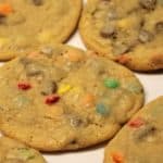 close up image of chocolate chip m&m cookies