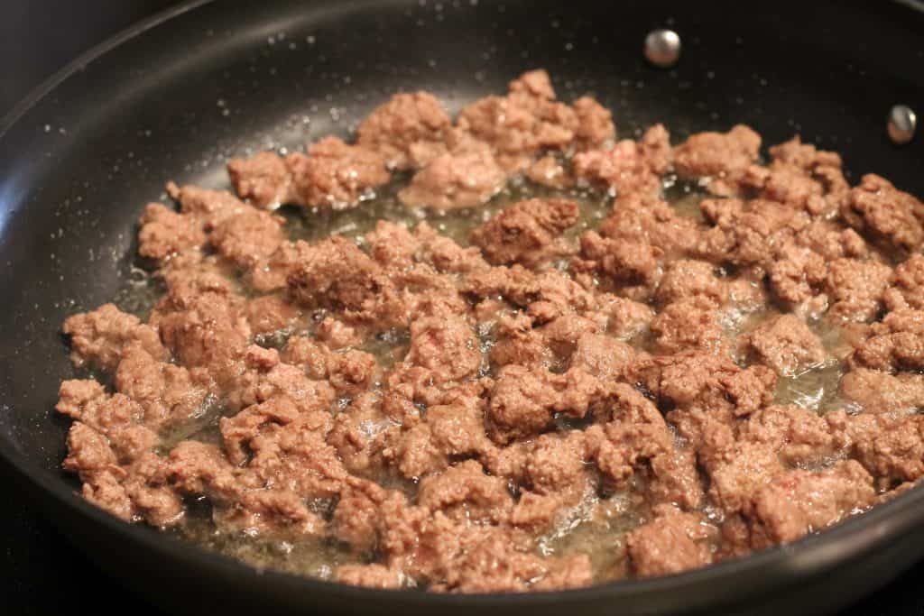 Close up of hamburger being cooked for this goulash recipe.