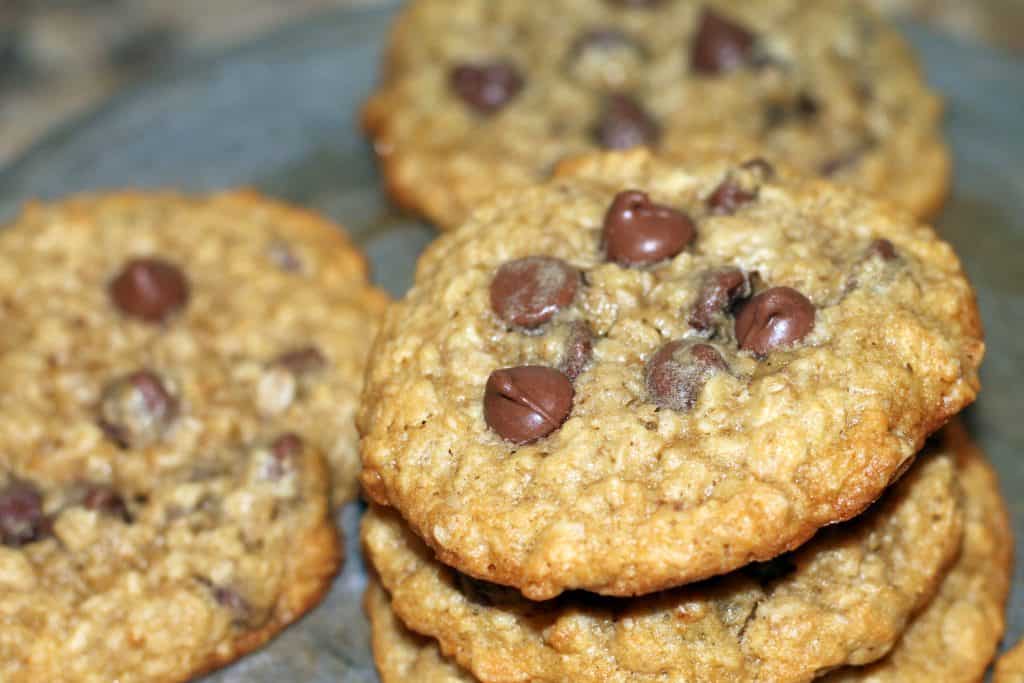 Finished oatmeal chocolate chip cookies stacked