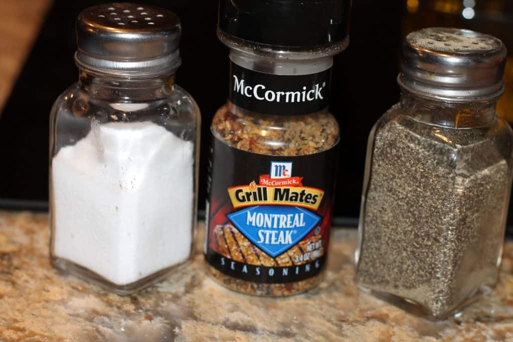 Salt, ground pepper, and montreal steak seasoning for searing steak