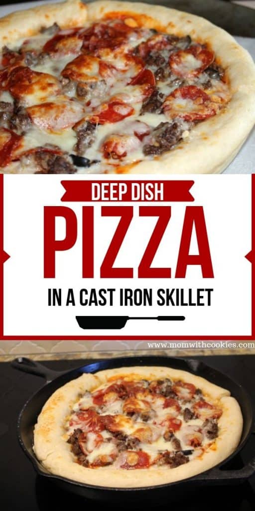 Deep dish pizza in a cast iron skillet with pizza shown