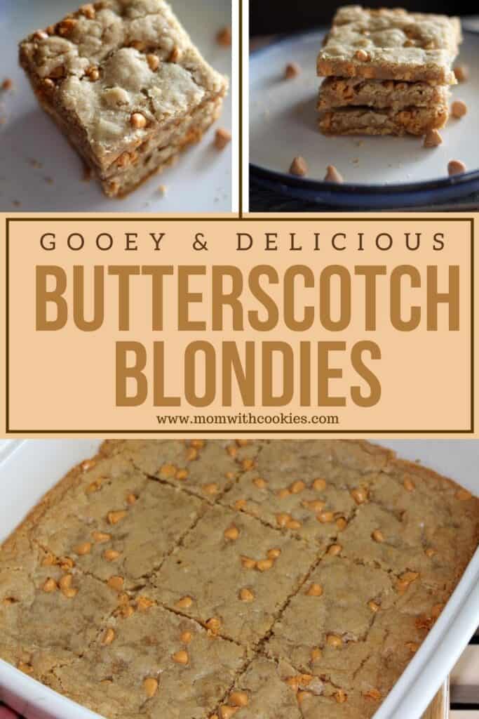 an image designed to be shared to pinterest showing butterscotch blondies