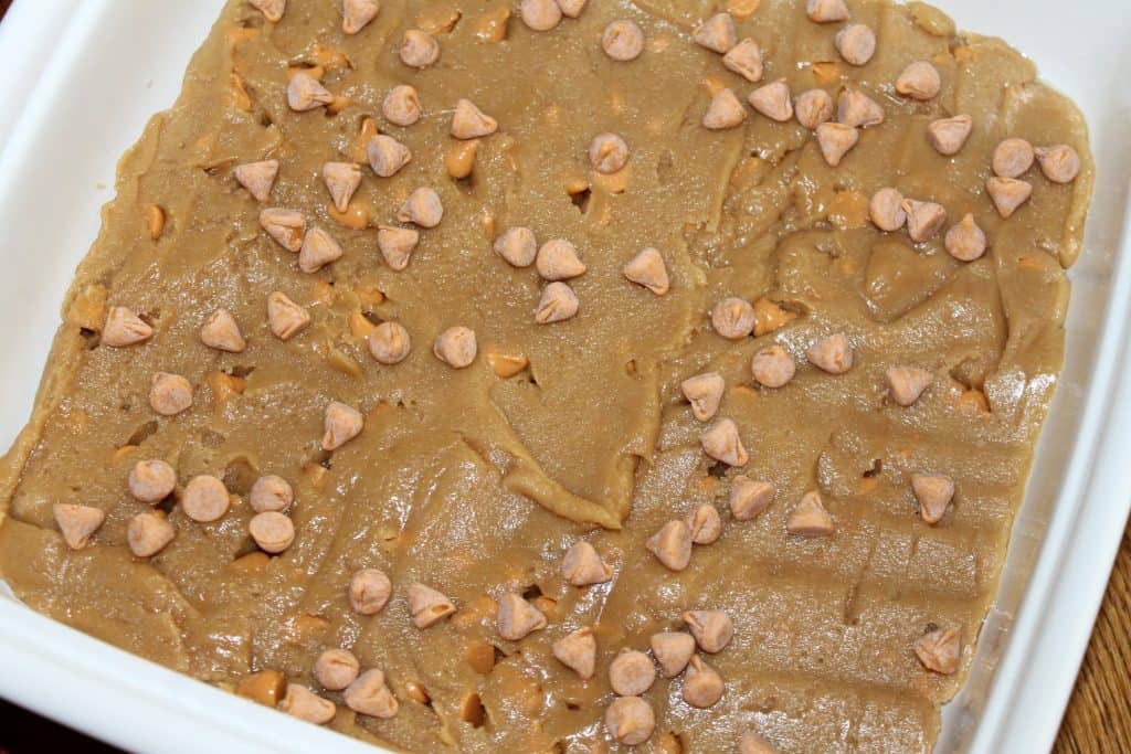 butterscotch blondies batter in bakind dish