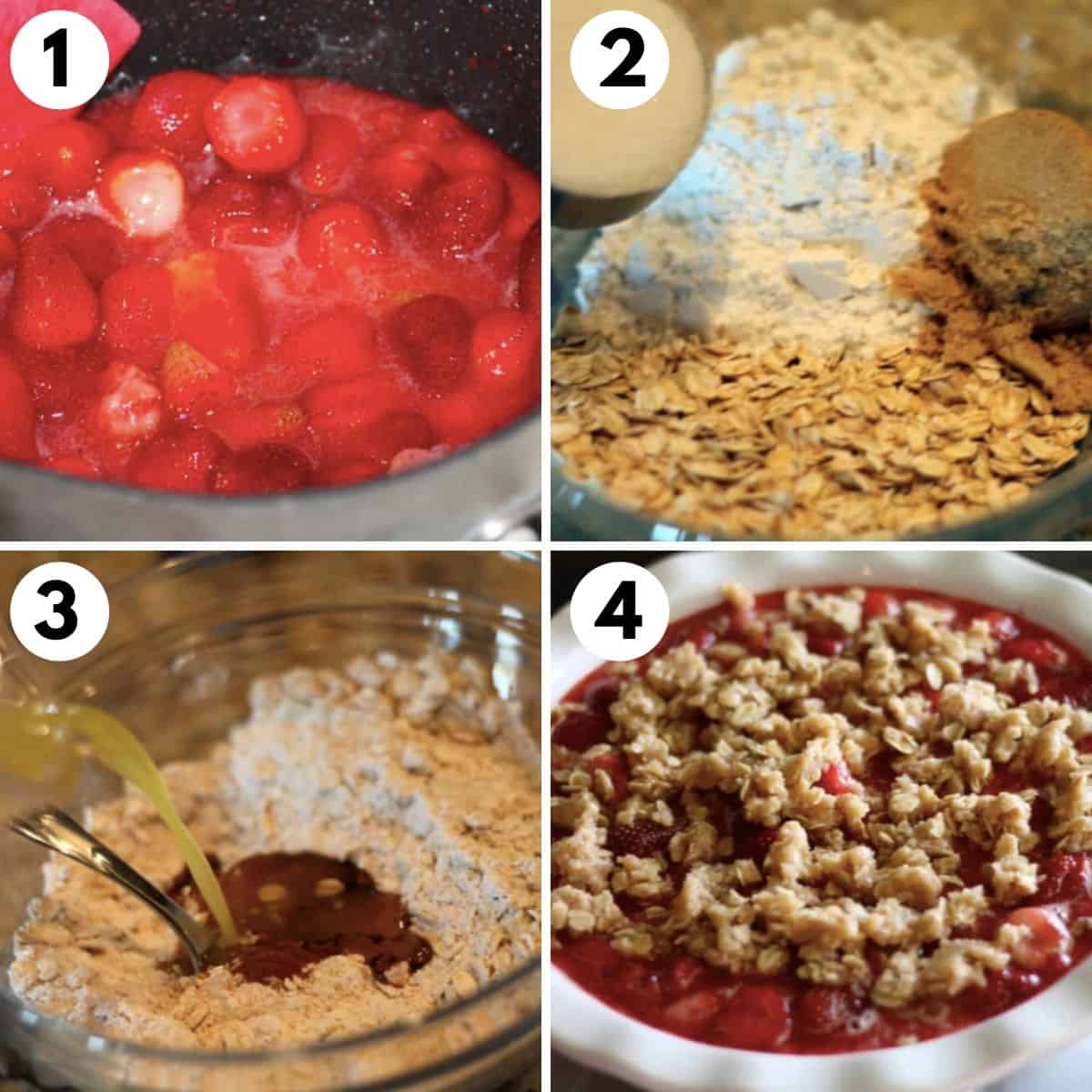 collage of four images showing how to make strawberry crisp