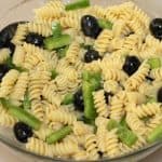 finished pasta salad with green peppers and black olives