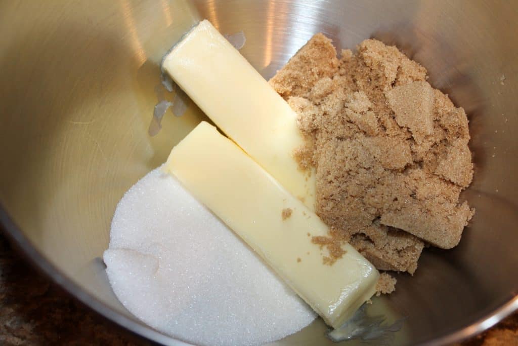mixing bowl with softened butter, brown sugar and granulated sugar
