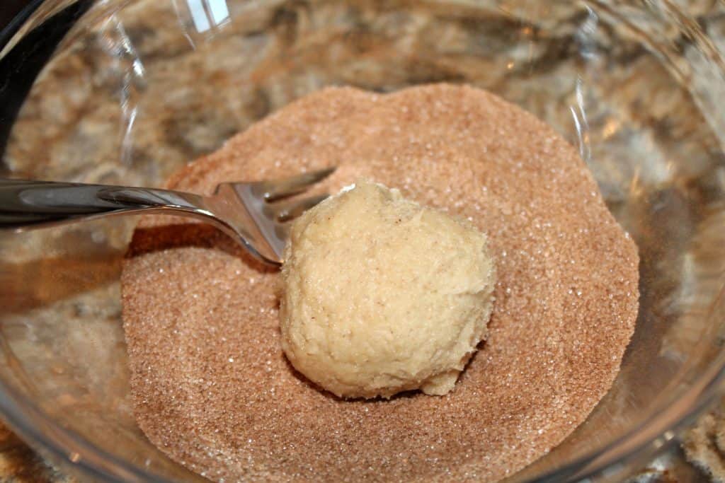 snickerdoodle cookie dough ball rolled in cinnamon and sugar