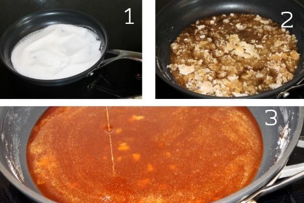 collage of the step by step images of sugar melting in a frying pan