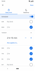 screenshot of family link for setting time limits on screen time