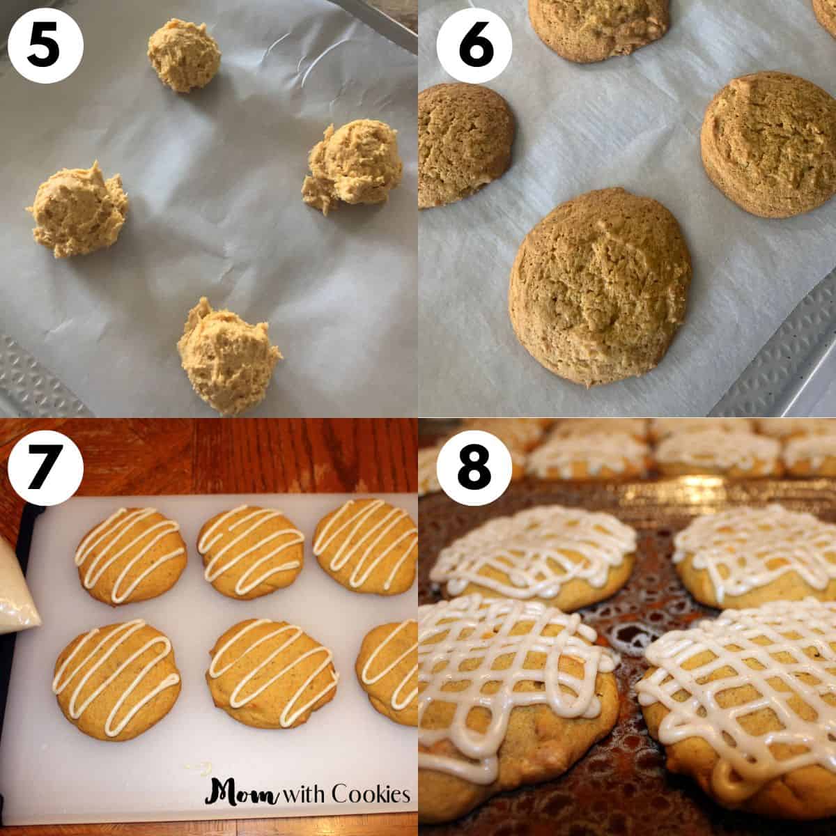collage showing pumpkin cookie dough on baking sheet, baked and with frosting on top